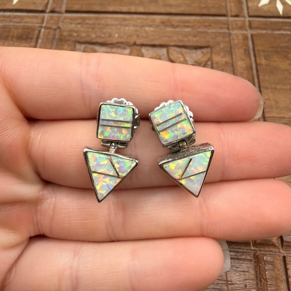 .925 Inlay Opal Earrings White/Green Sterling Silver Geometric Drop 925